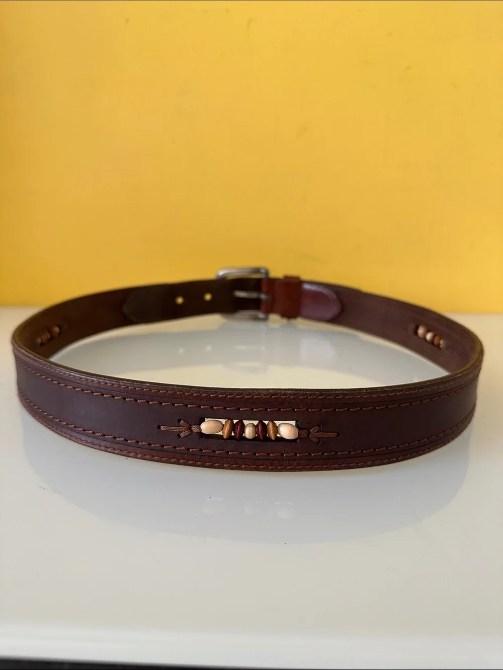 Vintage Solid Brass Buckle Men's Brown Leather Belt with Wooden Beads 32 in